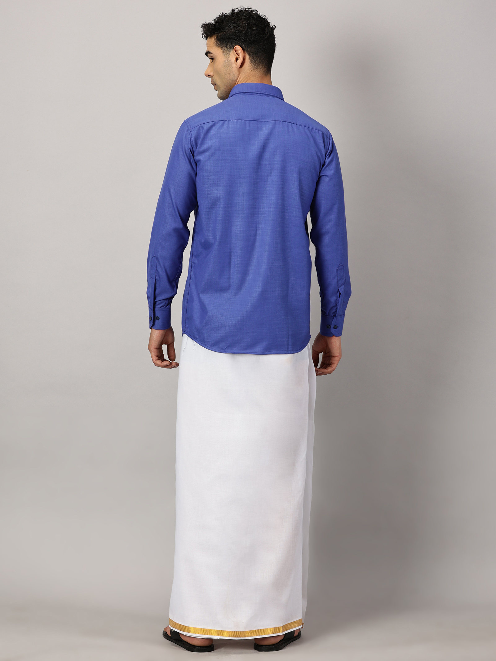 1. Men’s Full Sleeve Shirt Cotton & Dhoti Gold Zari - Combo Set -Cobalt - L Our traditional cotton shirts paired with dhotis bring together heritage and style. Tailored for comfort and crafted for cultural pride, they redefine ethnic elegance.