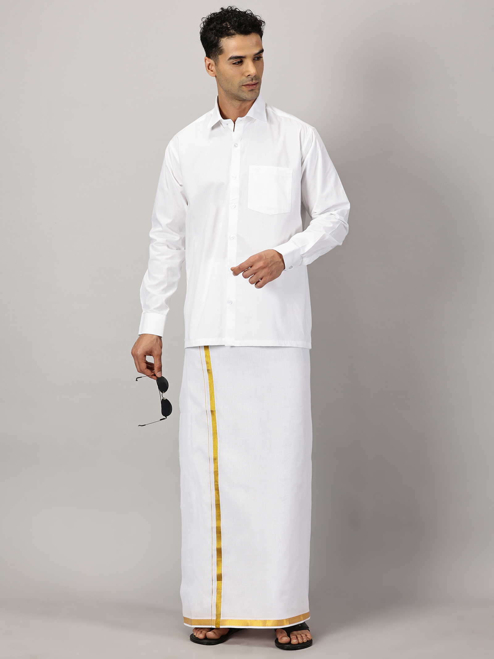 1. Men’s Full Sleeve Shirt Cotton & Dhoti Gold Zari - Combo Set -White - M Our traditional cotton shirts paired with dhotis bring together heritage and style. Tailored for comfort and crafted for cultural pride, they redefine ethnic elegance.