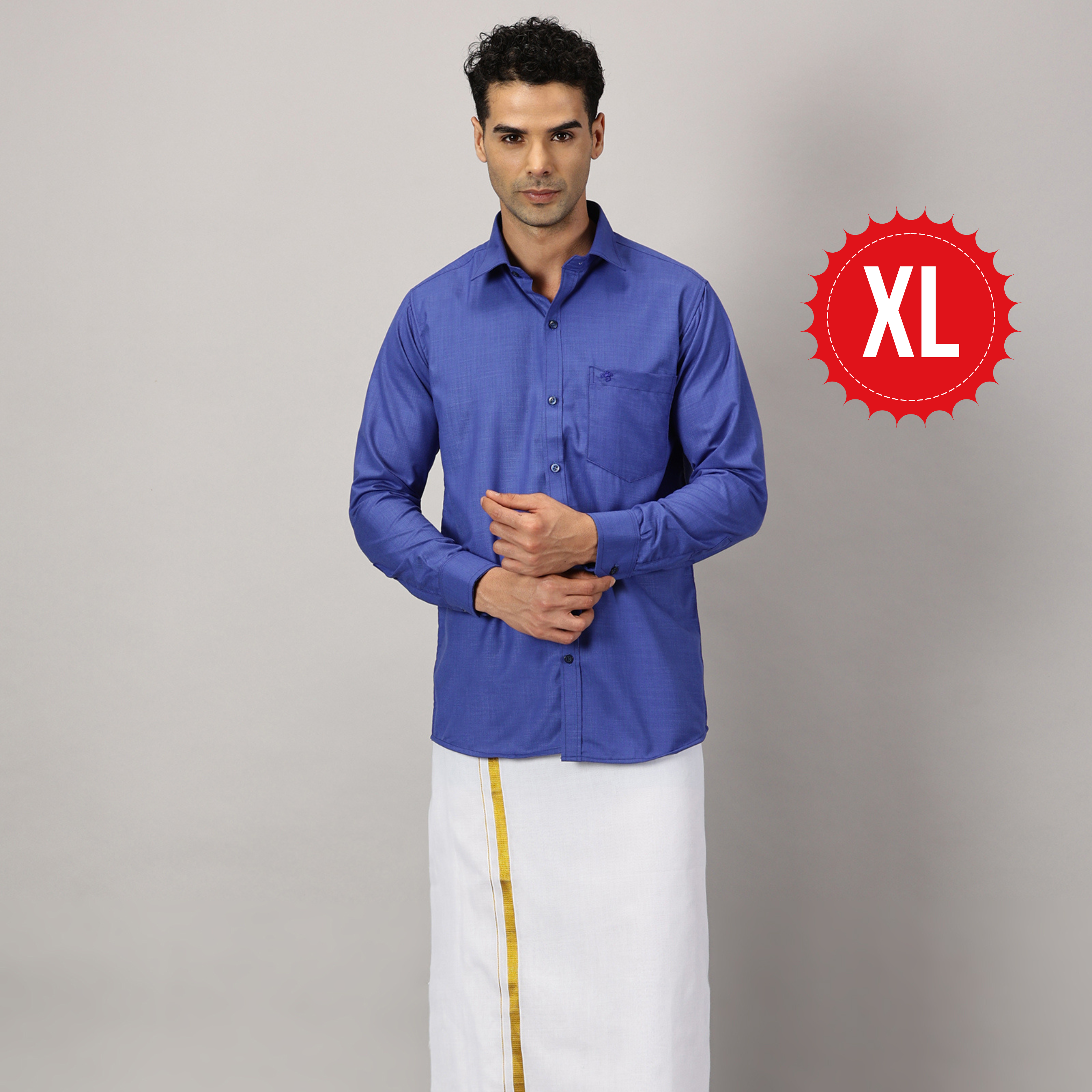 1. Men’s Full Sleeve Shirt Cotton & Dhoti Gold Zari - Combo Set -Cobalt - XL
