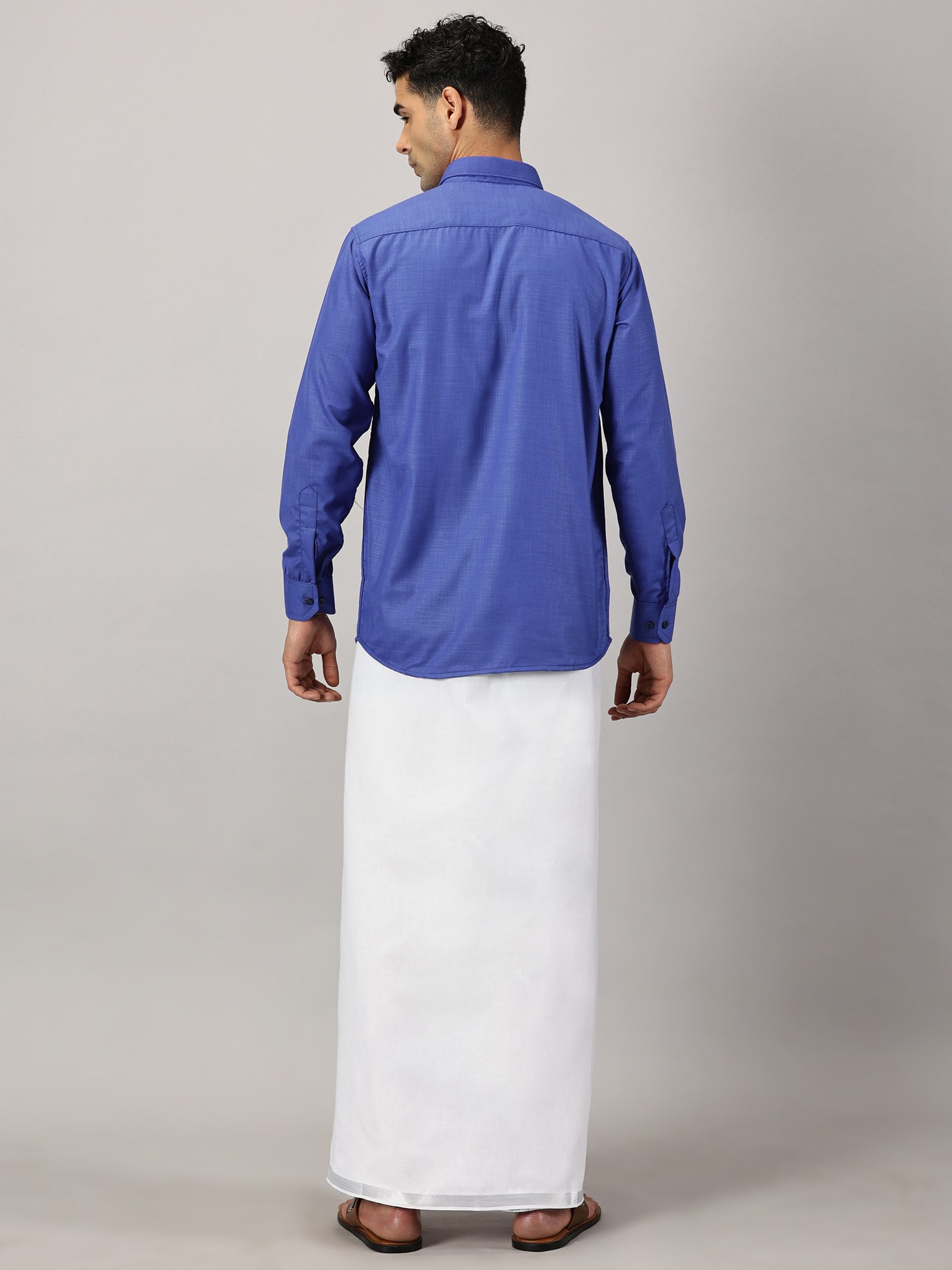 1. Men’s Full Sleeve Shirt Cotton & Dhoti Silver Zari - Combo Set -Cobalt - L Our traditional cotton shirts paired with dhotis bring together heritage and style. Tailored for comfort and crafted for cultural pride, they redefine ethnic elegance.