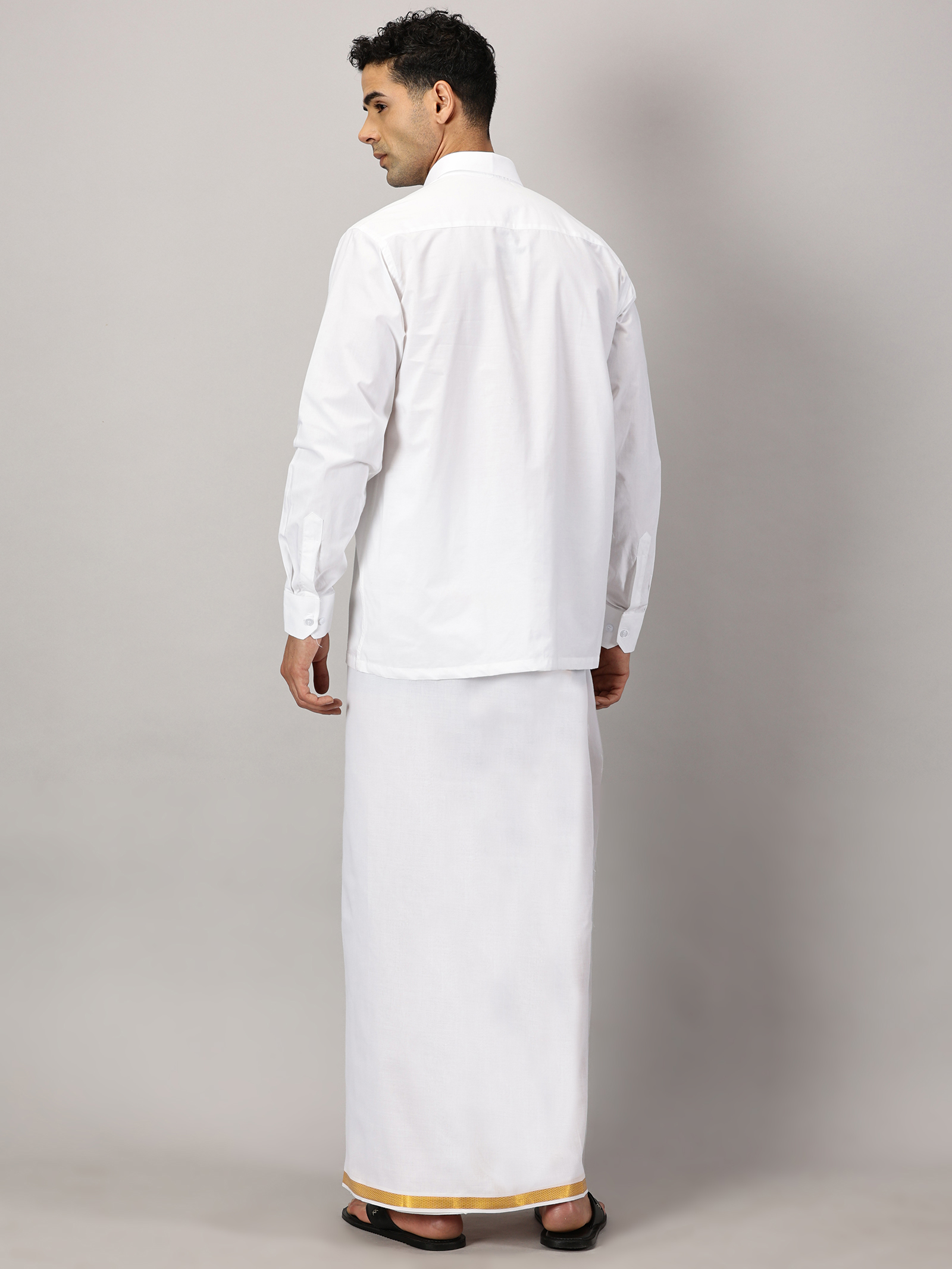 1. Men’s Full Sleeve Shirt Cotton & Dhoti Gold Zari - Combo Set -White - M Our traditional cotton shirts paired with dhotis bring together heritage and style. Tailored for comfort and crafted for cultural pride, they redefine ethnic elegance.