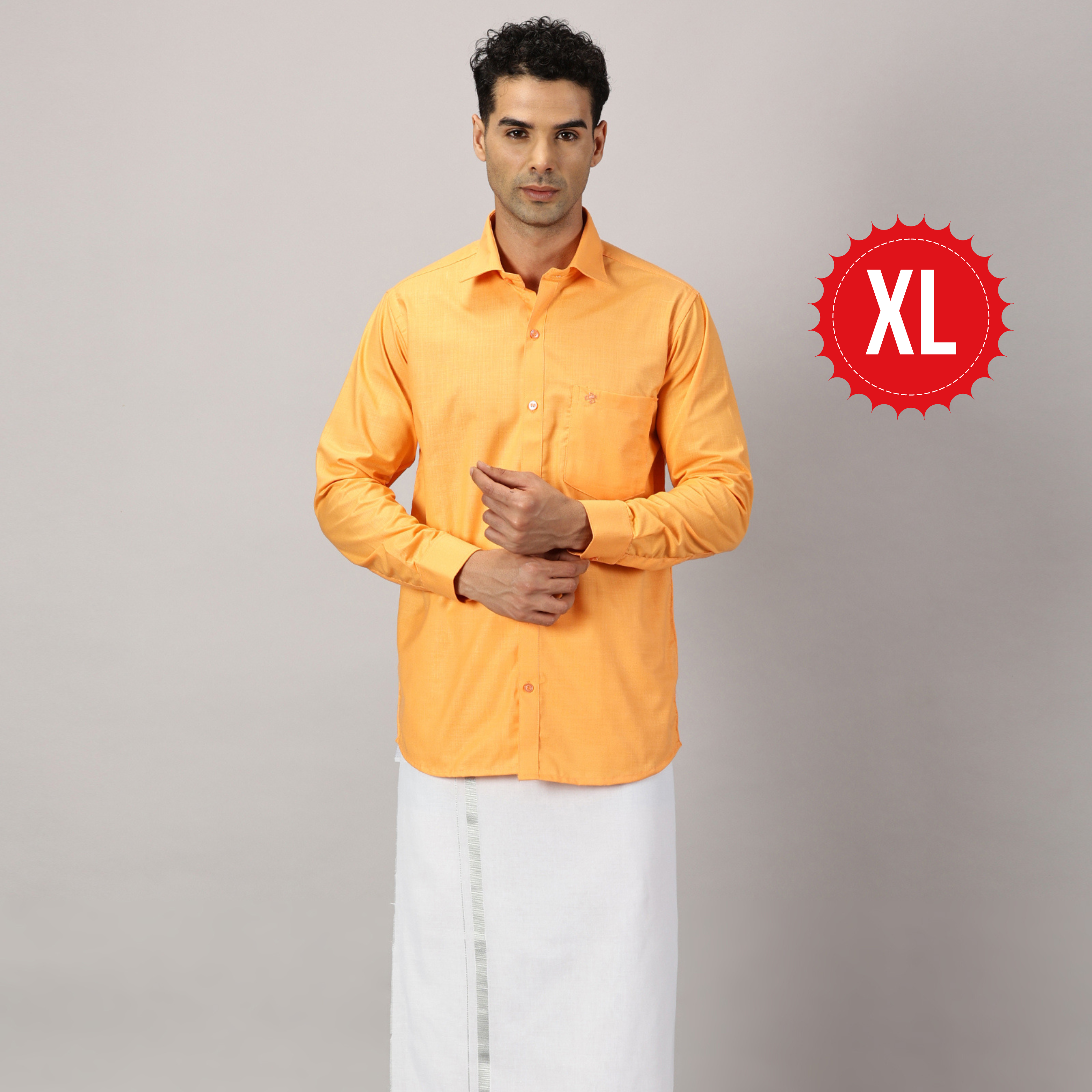 1. Men’s Full Sleeve Shirt Cotton& Dhoti Silver Zari - Combo Set -Saffron - XL