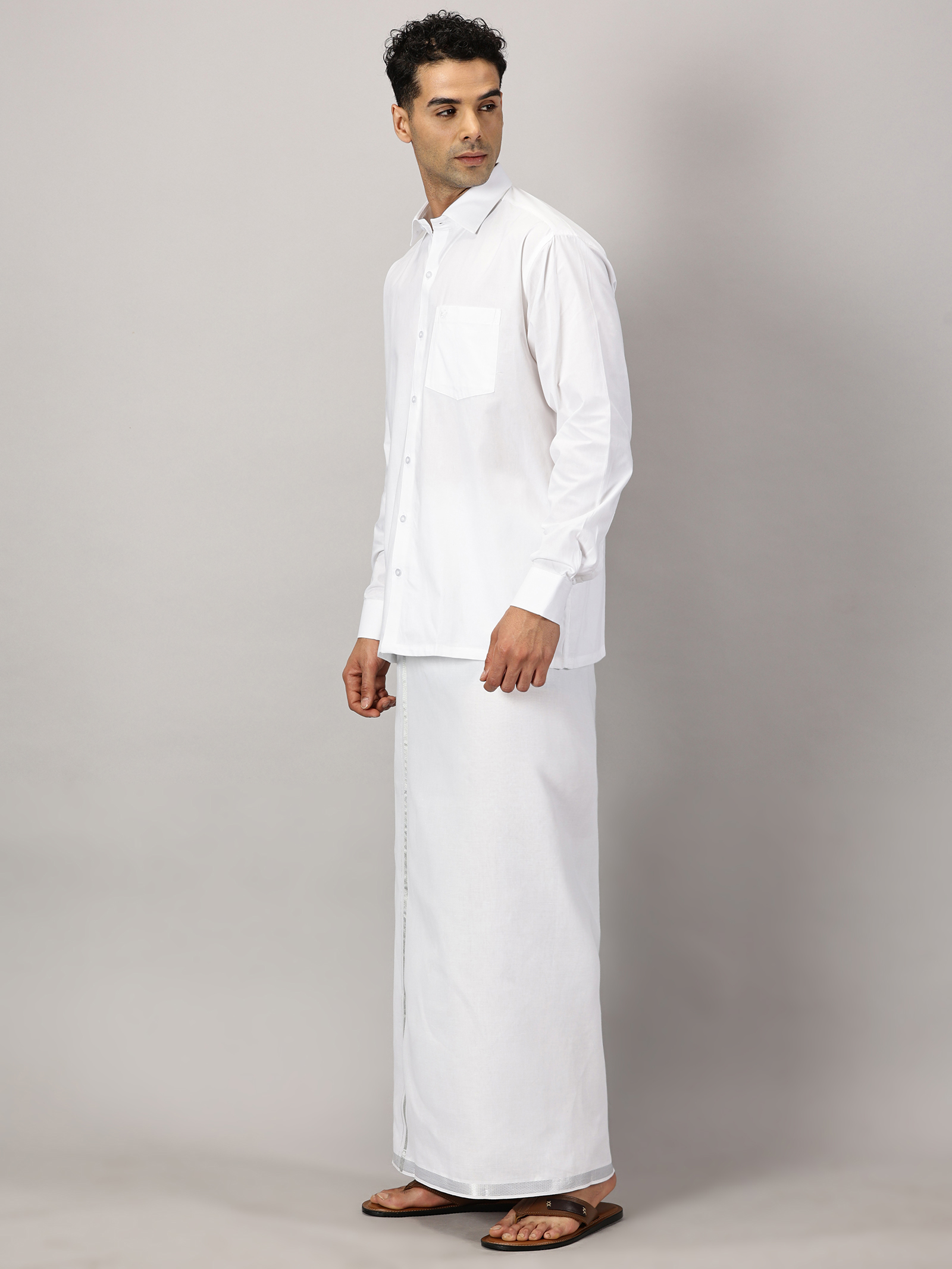 1. Men’s Full Sleeve Shirt Cotton & Dhoti Silver Zari - Combo Set -White - L Our traditional cotton shirts paired with dhotis bring together heritage and style. Tailored for comfort and crafted for cultural pride, they redefine ethnic elegance.