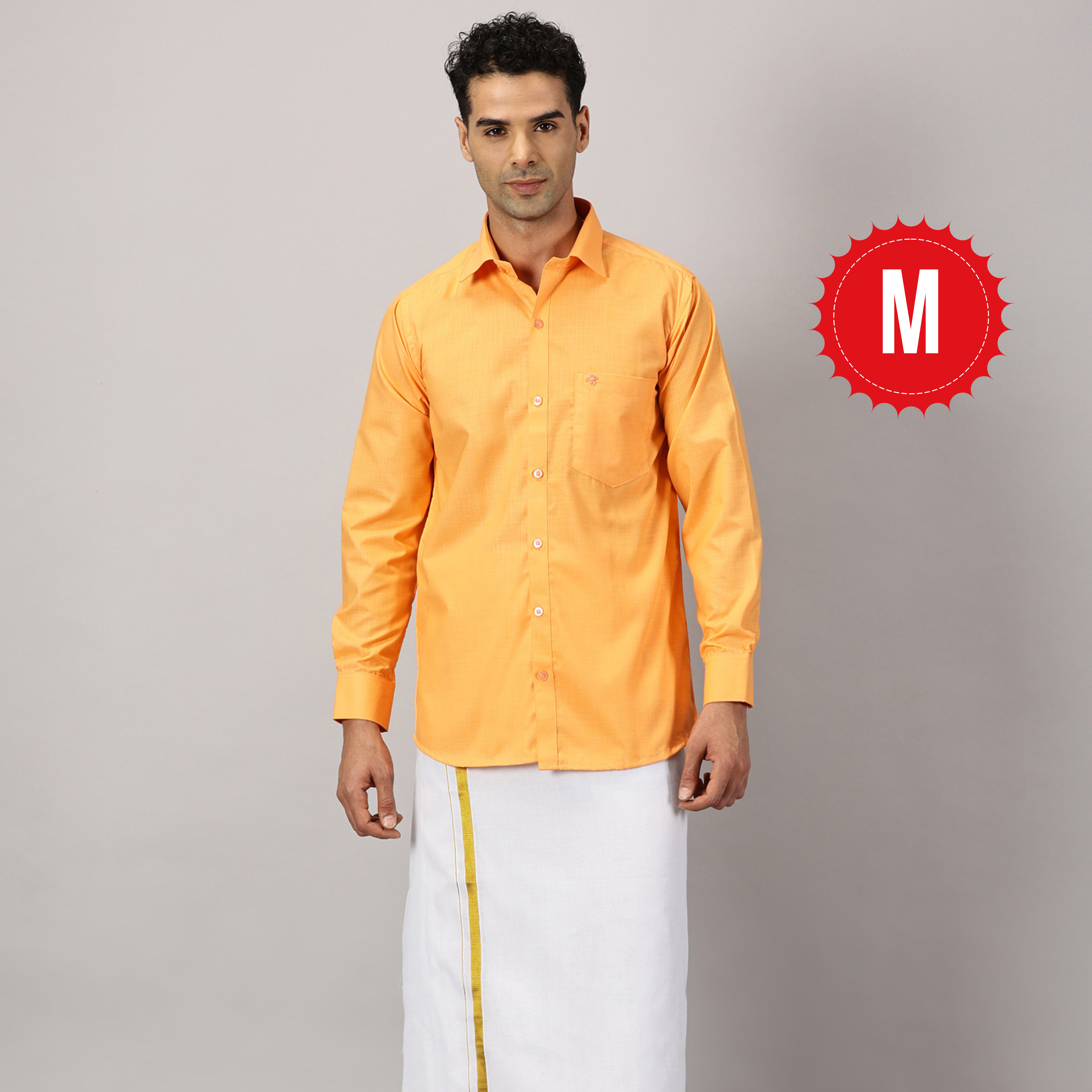 1. Men’s Full Sleeve Shirt Cotton & Dhoti Gold Zari - Combo Set - Saffron - M