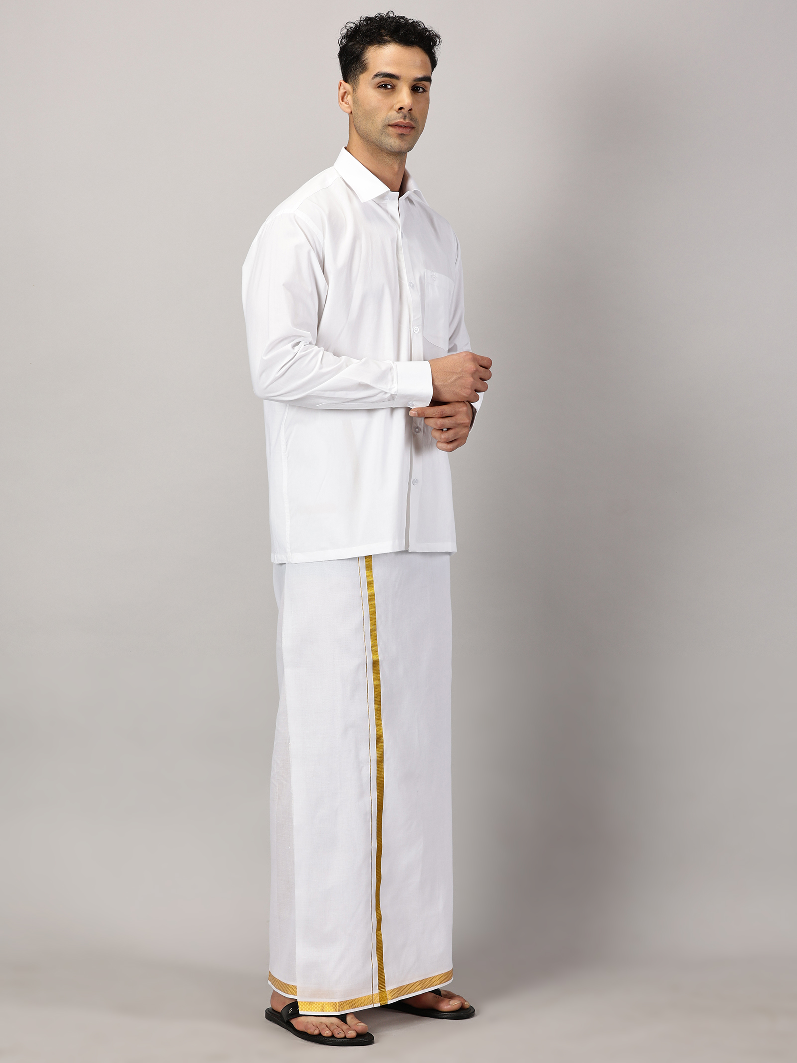 1. Men’s Full Sleeve Shirt Cotton & Dhoti Gold Zari - Combo Set -White - M Our traditional cotton shirts paired with dhotis bring together heritage and style. Tailored for comfort and crafted for cultural pride, they redefine ethnic elegance.