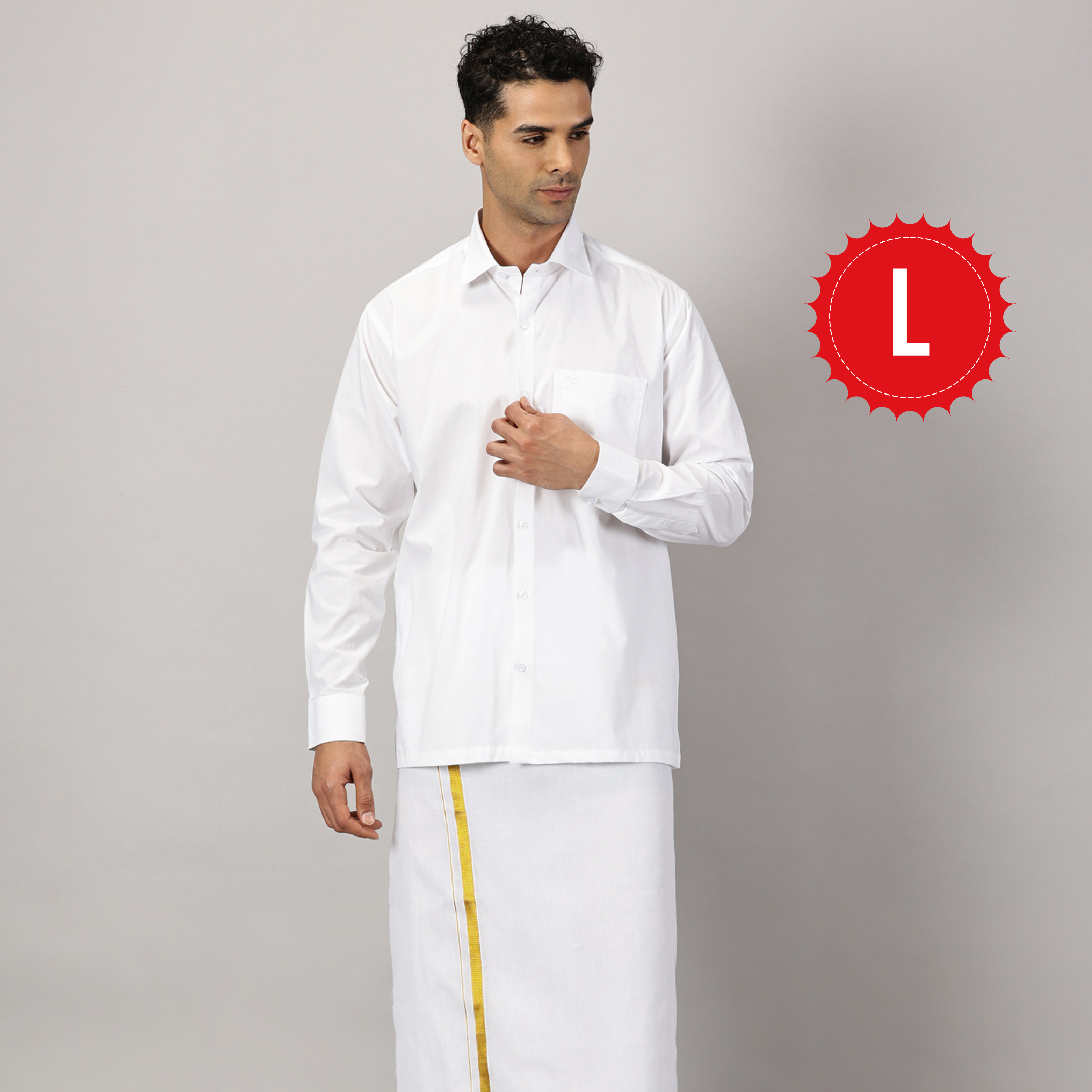 1. Men’s Full Sleeve Shirt Cotton & Dhoti Gold Zari - Combo Set -White - L