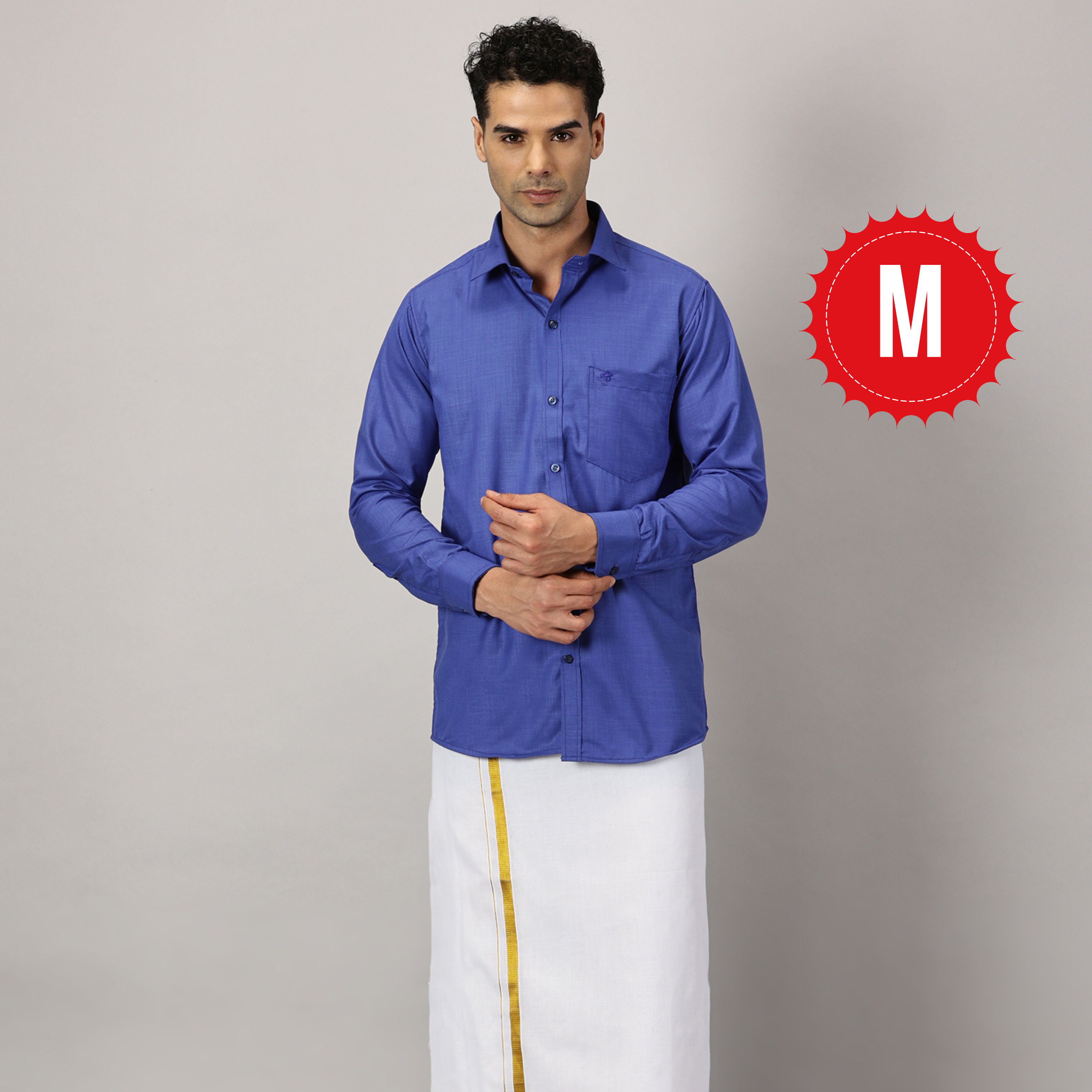 1. Men’s Full Sleeve Shirt Cotton & Dhoti Gold Zari - Combo Set -Cobalt - M