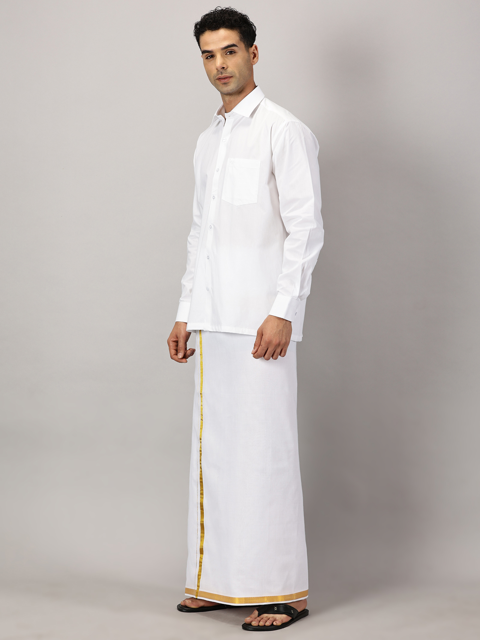 1. Men’s Full Sleeve Shirt Cotton & Dhoti Gold Zari - Combo Set -White - M Our traditional cotton shirts paired with dhotis bring together heritage and style. Tailored for comfort and crafted for cultural pride, they redefine ethnic elegance.