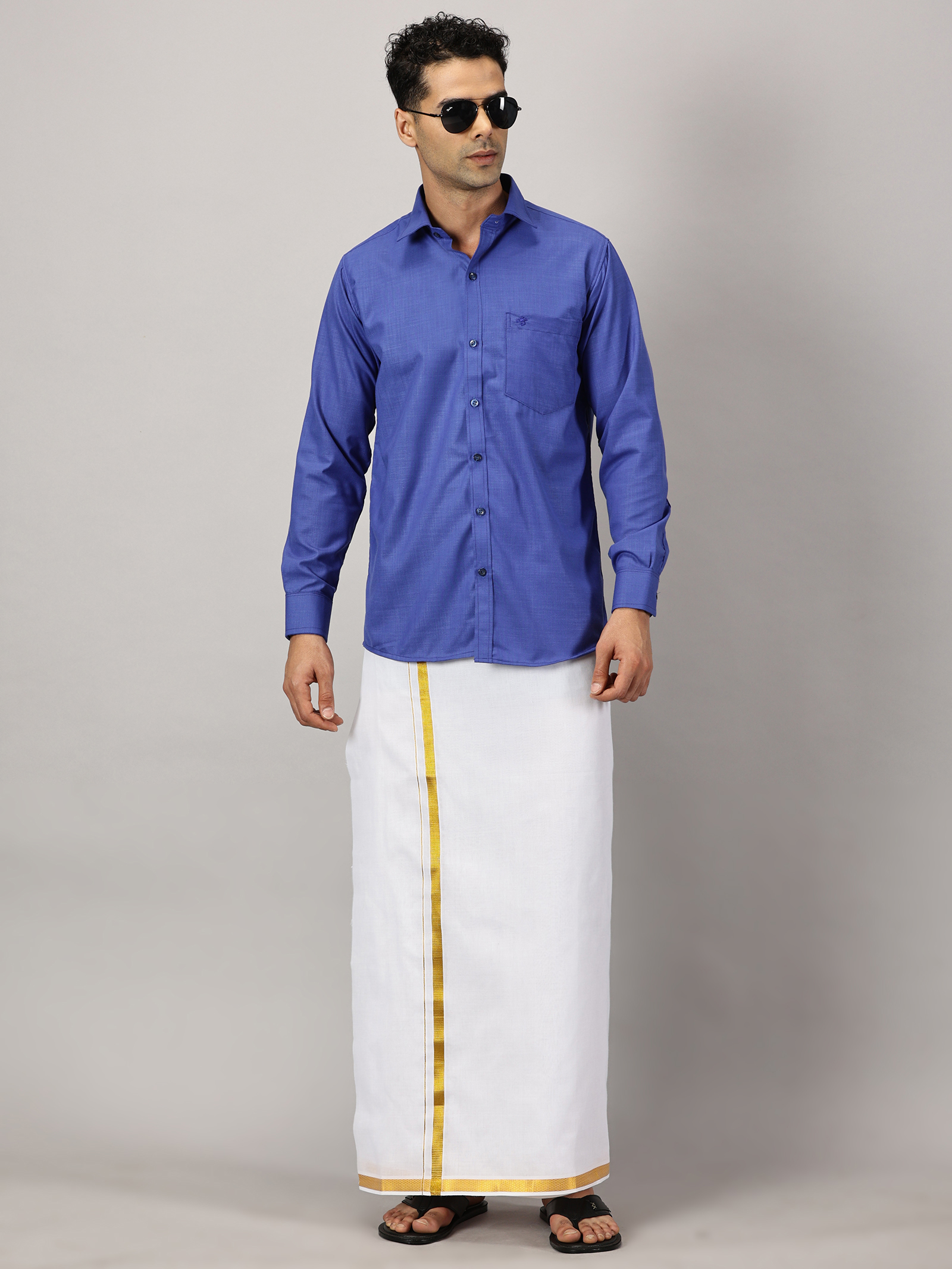 1. Men’s Full Sleeve Shirt Cotton & Dhoti Gold Zari - Combo Set -Cobalt - L Our traditional cotton shirts paired with dhotis bring together heritage and style. Tailored for comfort and crafted for cultural pride, they redefine ethnic elegance.