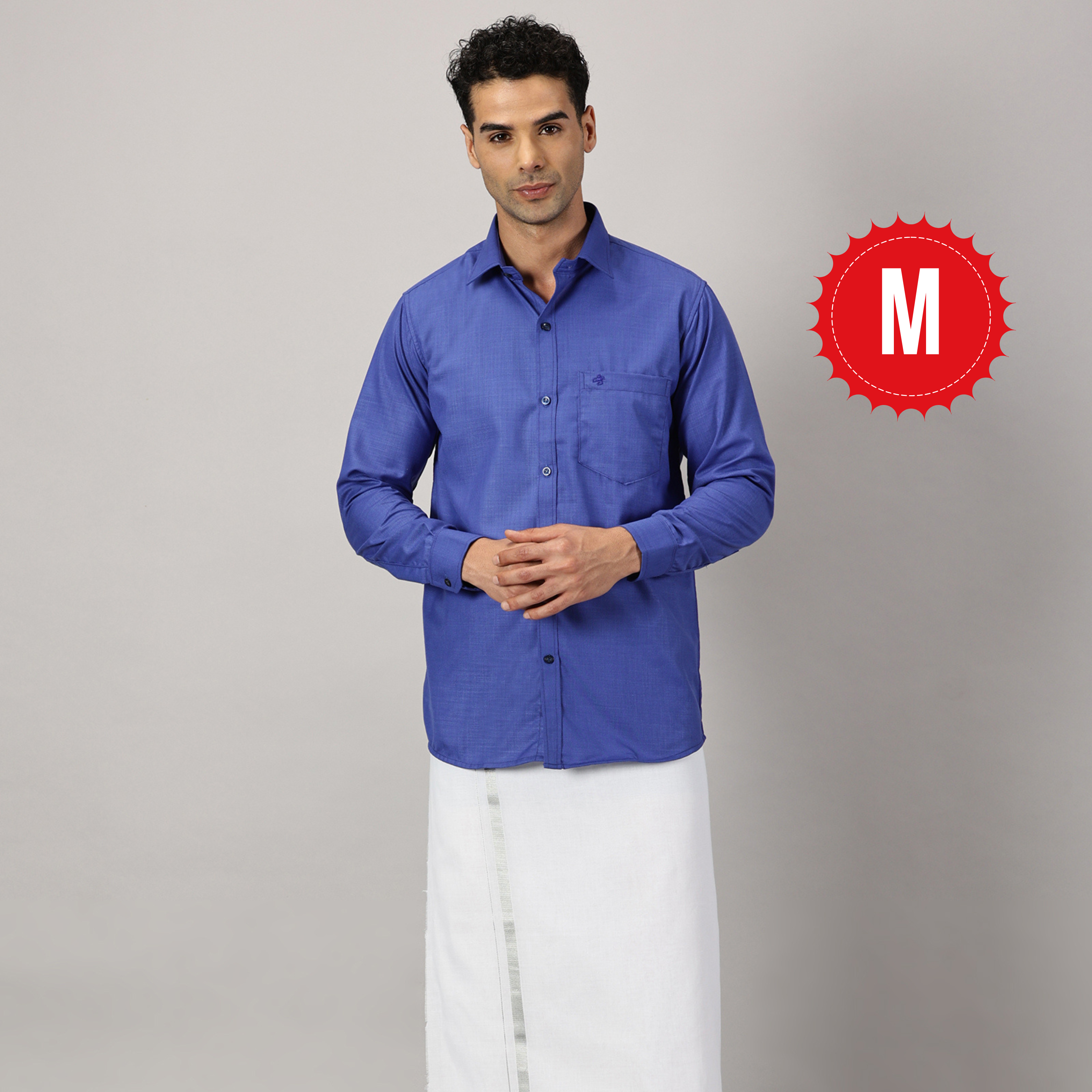 1. Men’s Full Sleeve Shirt Cotton & Dhoti Silver Zari - Combo Set -Cobalt - M