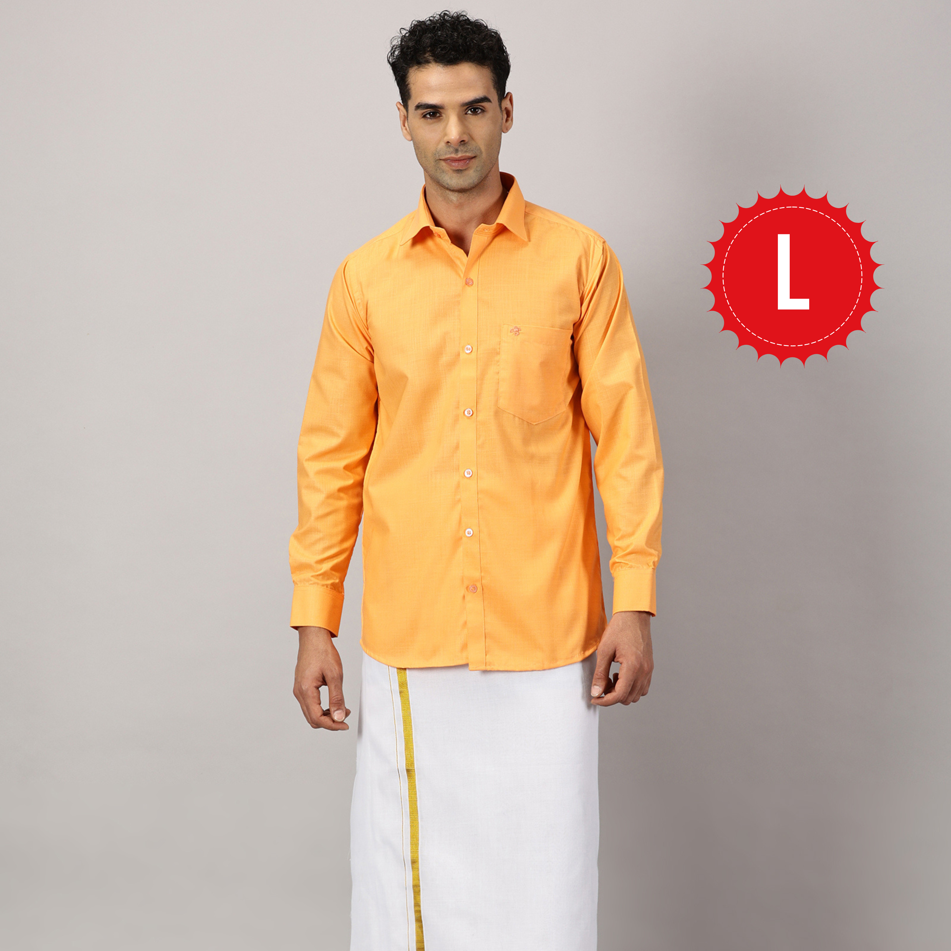 1. Men’s Full Sleeve Shirt Cotton & Dhoti Gold Zari - Combo Set -Saffron - L