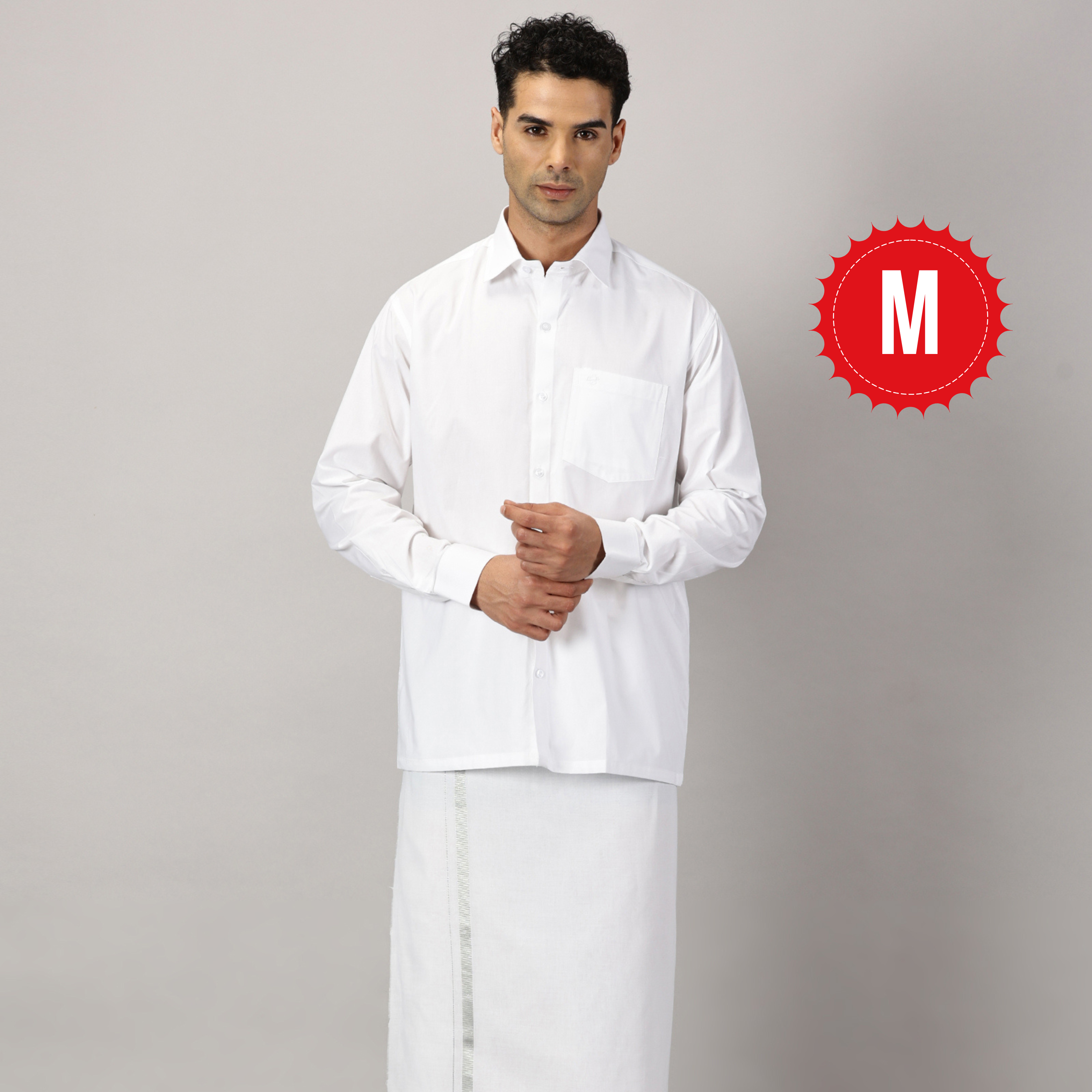 1. Men’s Full Sleeve Shirt Cotton & Dhoti Silver Zari - Combo Set -White - M