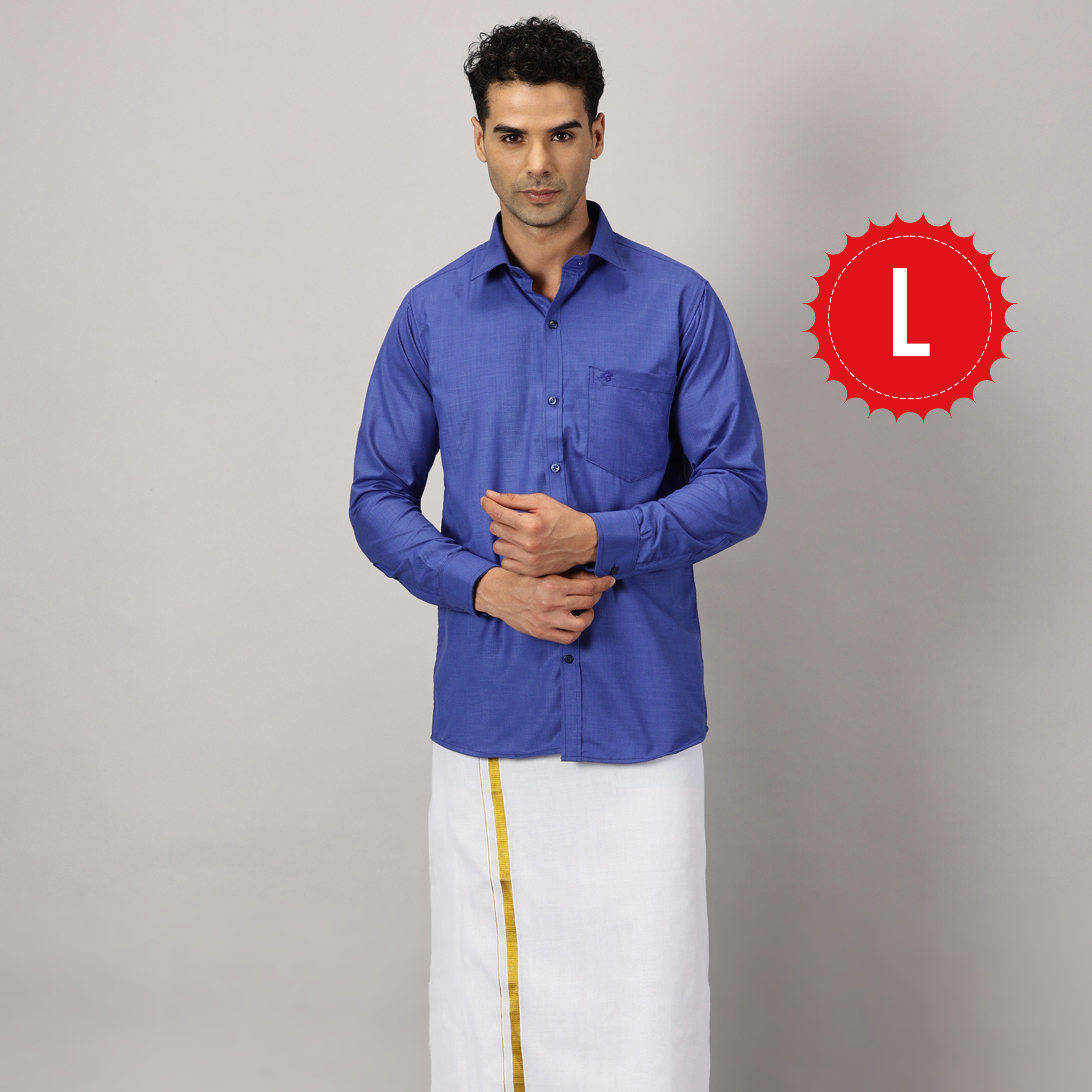 1. Men’s Full Sleeve Shirt Cotton & Dhoti Gold Zari - Combo Set -Cobalt - L