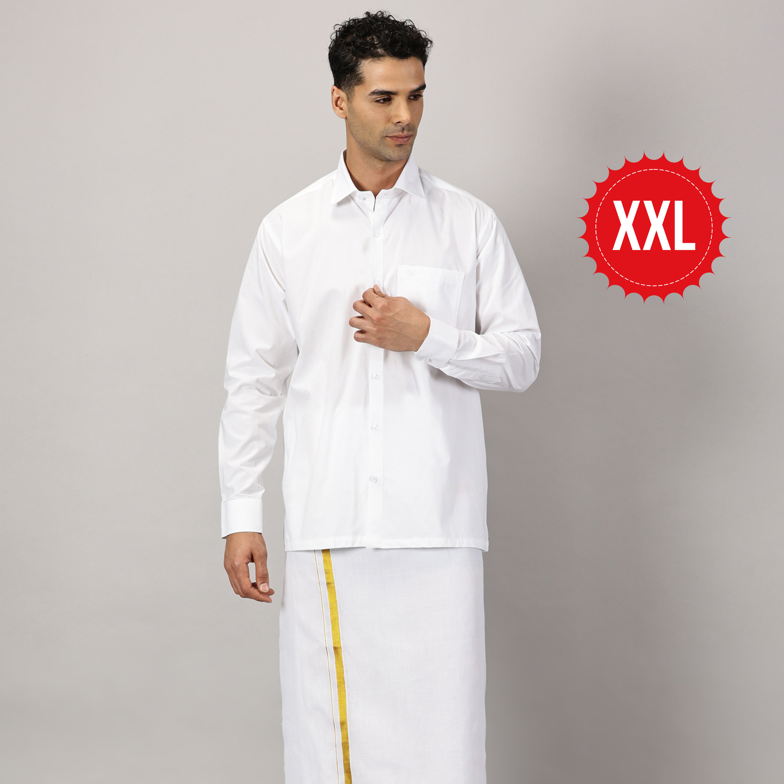 1. Men’s Full Sleeve Shirt Cotton & Dhoti Gold Zari - Combo Set -White - XXL