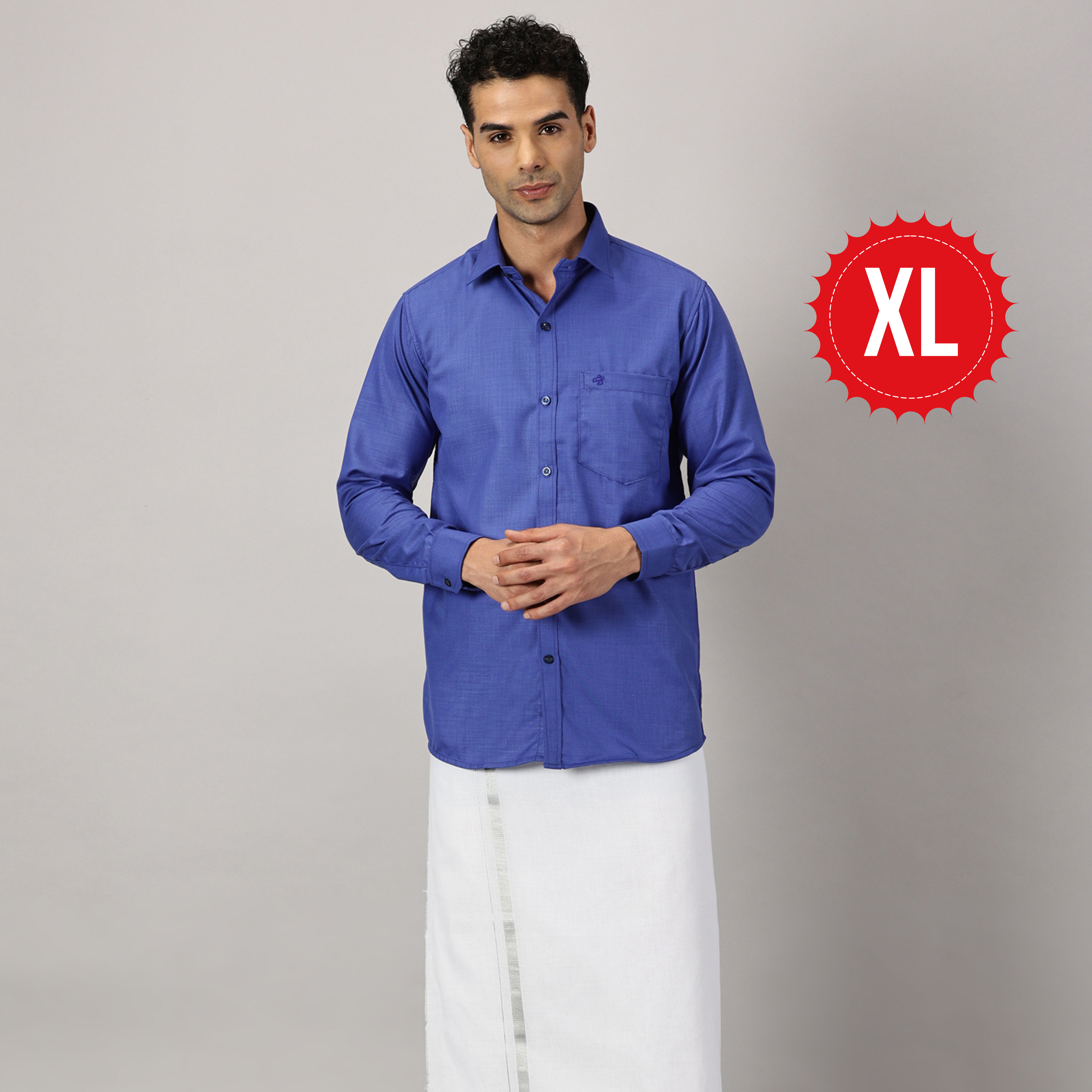 1. Men’s Full Sleeve Shirt Cotton & Dhoti Silver Zari - Combo Set -Cobalt - XL