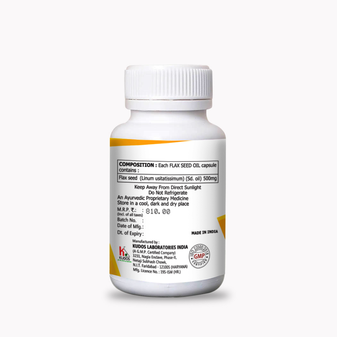 Flax Seed Oil Capsules_90 Cap Flax Seed Oil Capsules are a rich source of Omega-3 fatty acids, supporting heart health, joint flexibility, and skin nourishment in a natural way.