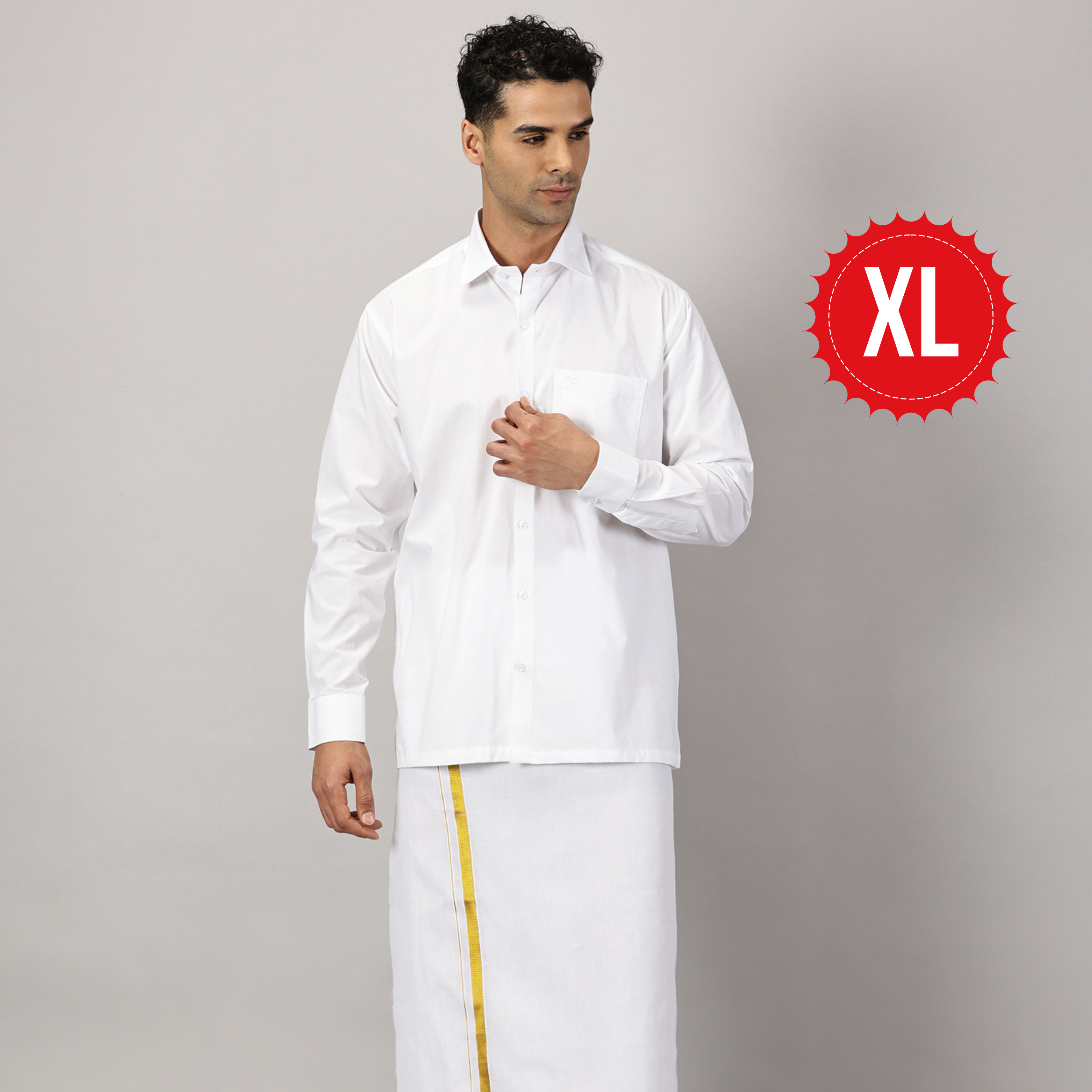1. Men’s Full Sleeve Shirt Cotton & Dhoti Gold Zari - Combo Set -White - XL