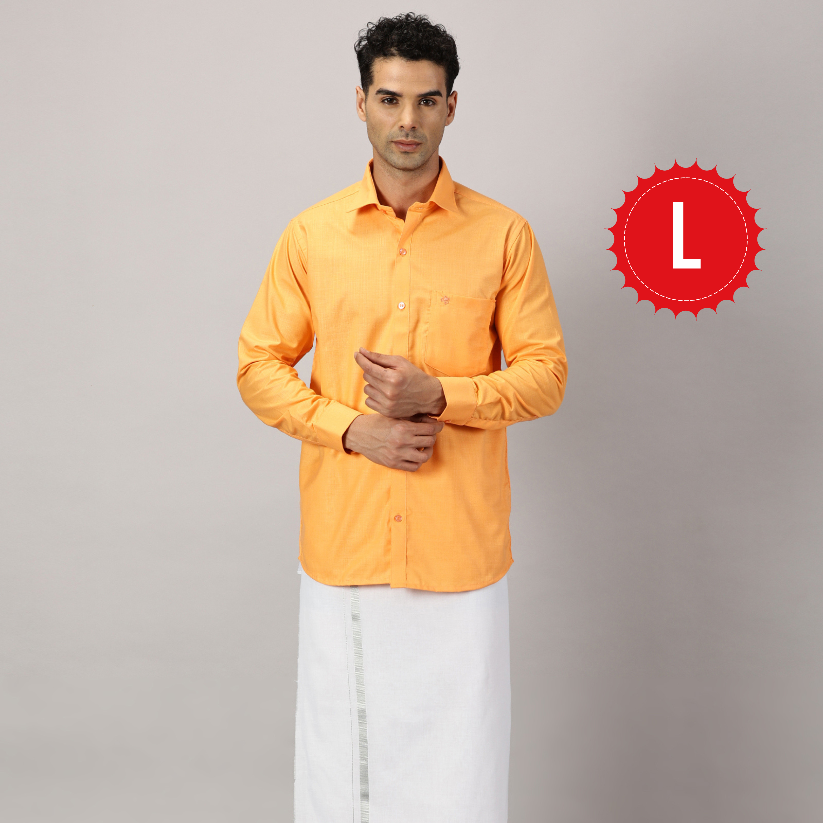 1. Men’s Full Sleeve Shirt Cotton& Dhoti Silver Zari - Combo Set -Saffron - L