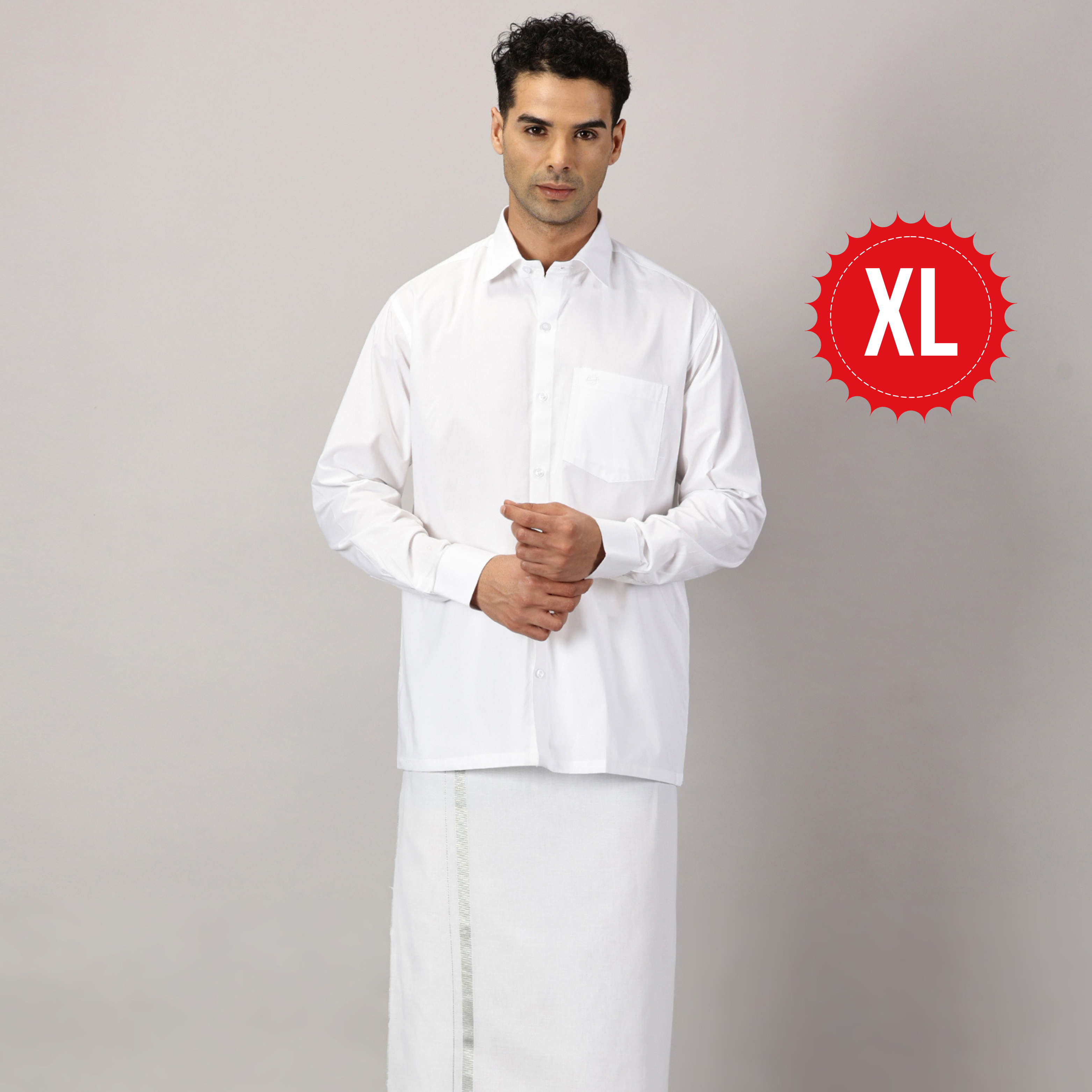 1. Men’s Full Sleeve Shirt Cotton & Dhoti Silver Zari - Combo Set -White - XL