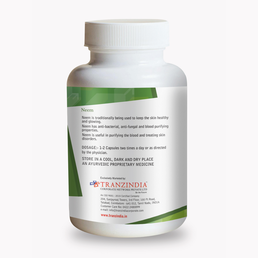 Neem Capsules_90 Cap Neem is a powerful herb known for purifying the blood, promoting clear skin, and enhancing immunity. These capsules deliver all its goodness.