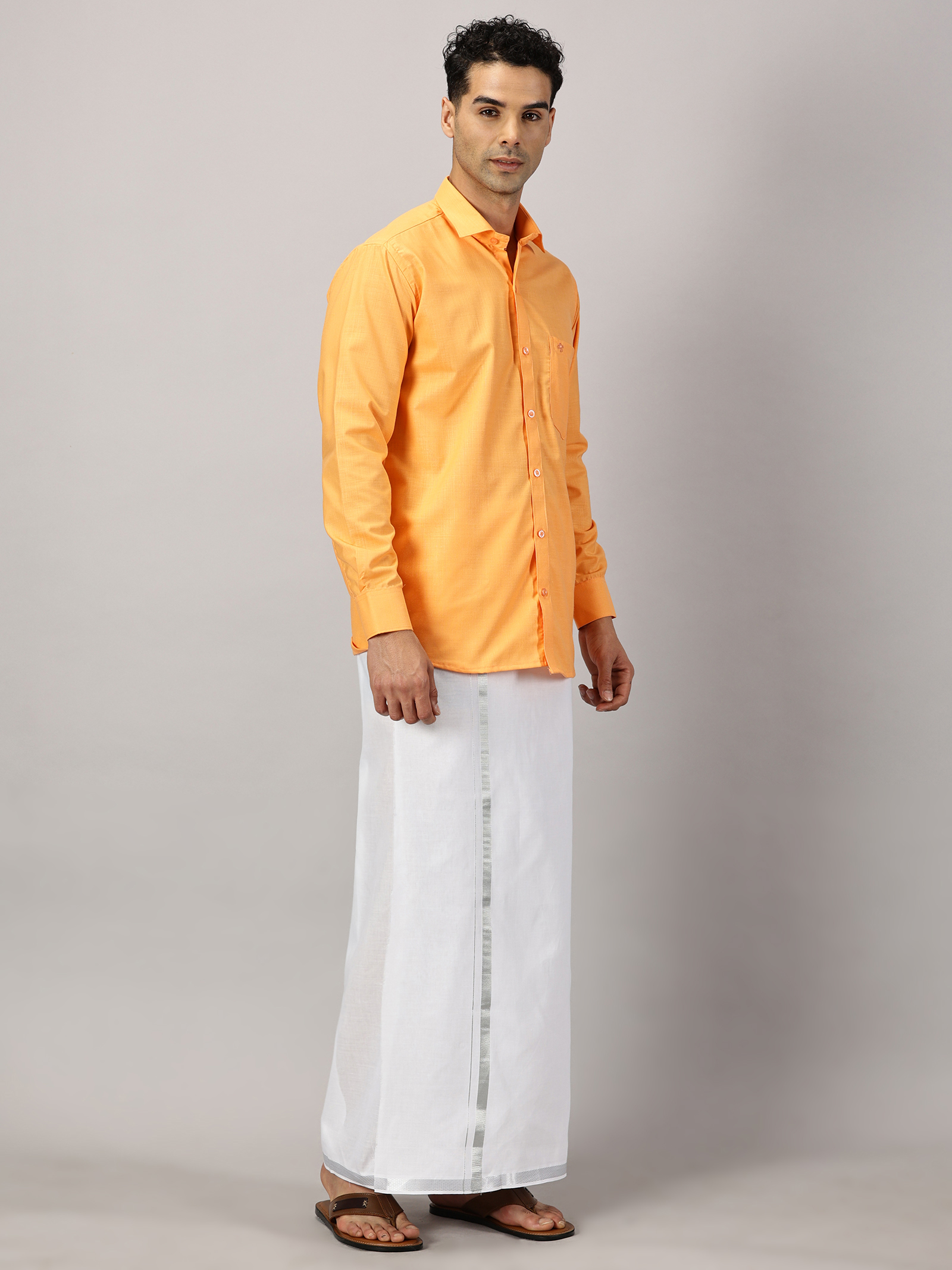 1. Men’s Full Sleeve Shirt Cotton& Dhoti Silver Zari - Combo Set -Saffron - L Our traditional cotton shirts paired with dhotis bring together heritage and style. Tailored for comfort and crafted for cultural pride, they redefine ethnic elegance.