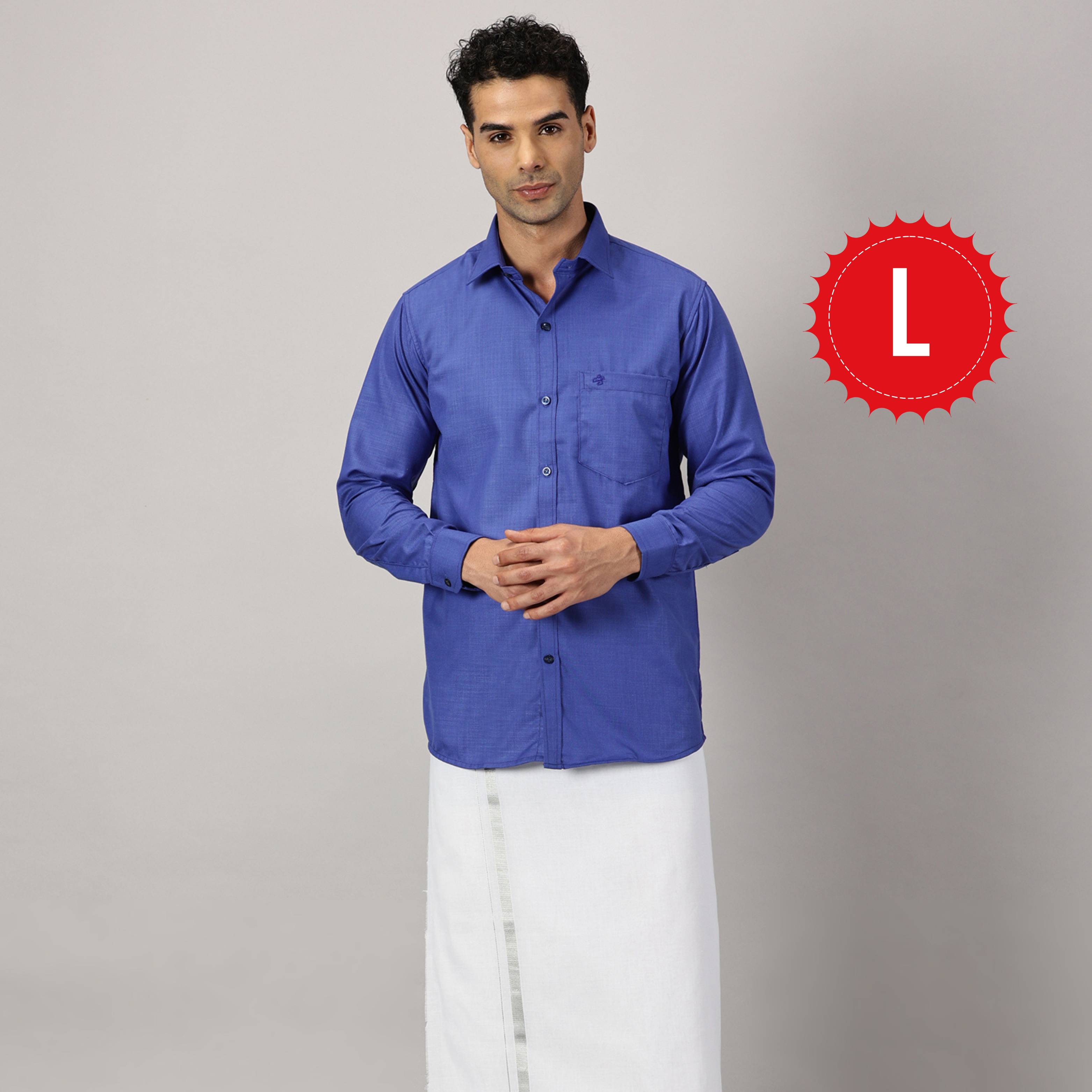 1. Men’s Full Sleeve Shirt Cotton & Dhoti Silver Zari - Combo Set -Cobalt - L