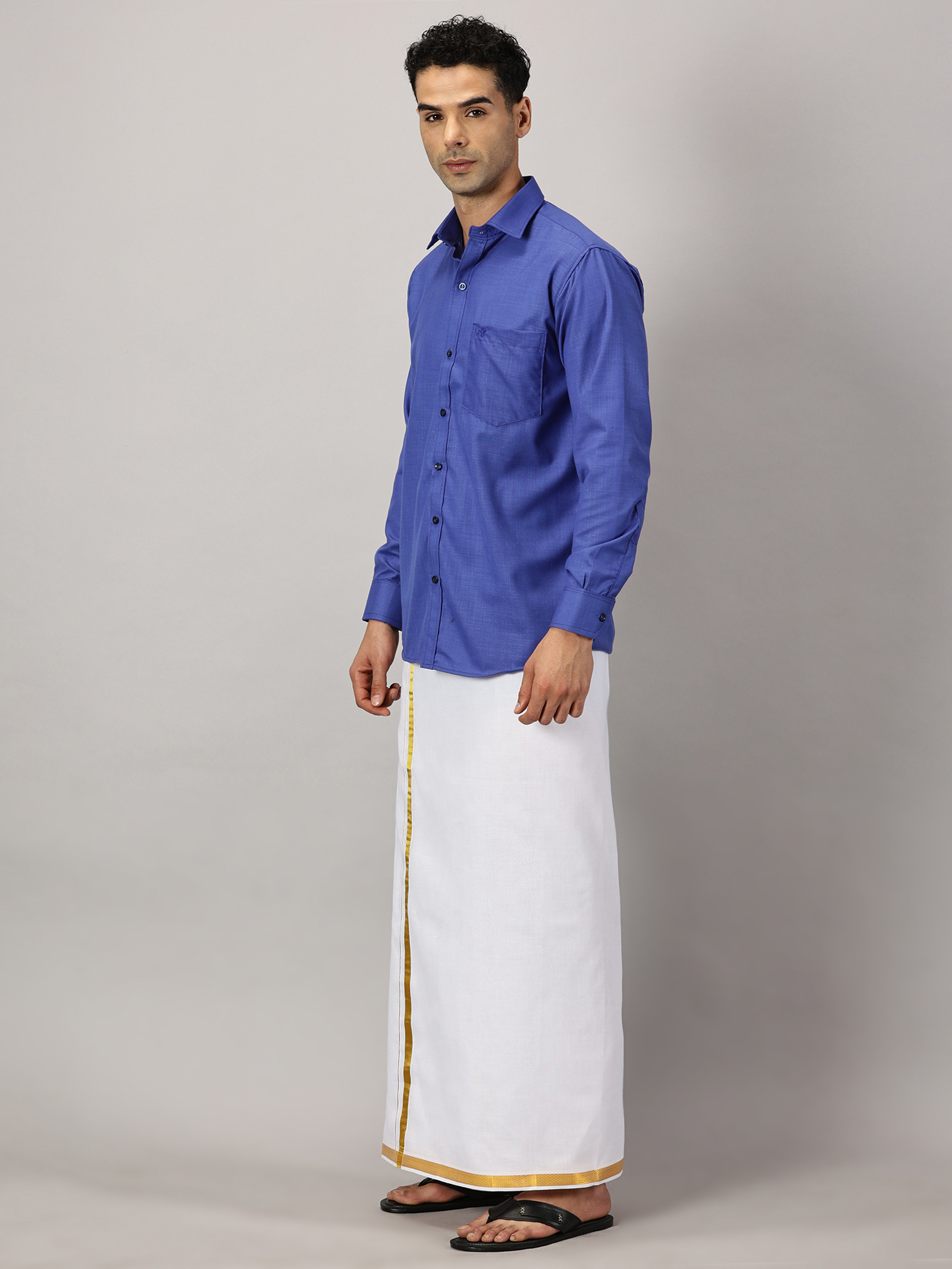 1. Men’s Full Sleeve Shirt Cotton & Dhoti Gold Zari - Combo Set -Cobalt - L Our traditional cotton shirts paired with dhotis bring together heritage and style. Tailored for comfort and crafted for cultural pride, they redefine ethnic elegance.