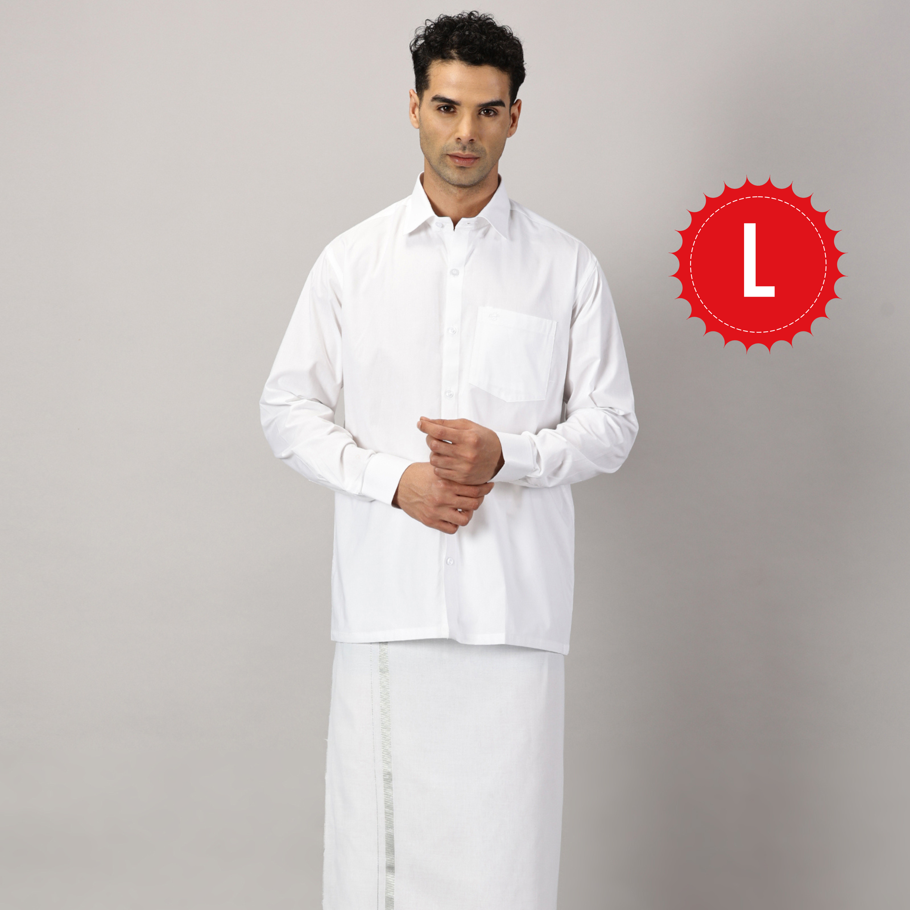 1. Men’s Full Sleeve Shirt Cotton & Dhoti Silver Zari - Combo Set -White - L